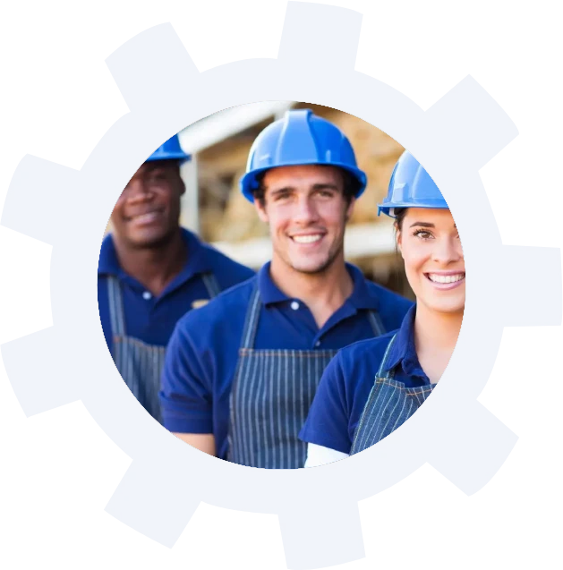 A group of people wearing blue hard hats.